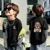 Camiseta de manga larga de algodón puro para niños, moda de primavera y otoño, camiseta básica a rayas de retazos holgada de moda para niños mayores
