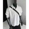 Sudadera negra con cuello en V y hombros caídos para hombre, otoño, camisa polo cuello de gaviota, camiseta de manga larga patchwork deconstruido americano, corte limpio