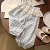 Pantalones Casuales de Verano para Niñas, Pantalones de Linterna a Cuadros Estilo Coreano de Moda con Adorno de Encaje