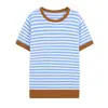 Top de punto de manga corta a rayas con bloques de color, holgado, adelgazante, a la moda, versátil, estilo europeo y americano, nueva camisa básica casual de otoño