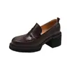 Versão em couro bovino~Sapatos de couro de sola grossa tamanho pequeno para mulheres, salto grosso, plataforma impermeável, salto alto, estilo britânico, mocassins retrô