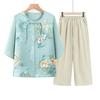 Terno de Verão para Mães de Meia-Idade e Idosas Moda Feminina Camisa de Chiffon de Manga Média para Vovó Estilo Chinês Camiseta Senhora Idosa