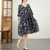 Vestido Retrô Versátil Emagrecedor de Algodão Linho com Estampa Floral, Gola com Amarração, Caimento Solto, Temperamento Elegante, Novo para Verão, Tamanhos Grandes