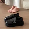 Mocasines Retro con Hebilla y Tacón Grueso para Mujer 2026 Nuevos Otoño/Invierno Punta Redonda Estilo Británico sin Cordones Zapatos de Cuero