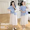 Conjunto Gestante Verão 2026: Blusa Bordada com Manga Bufante, Decote V e Fenda + Saia de Renda Solúvel em Água Bordada