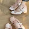 Altura Interior 7cm Zapatos Mary Jane de Tacón Alto con Lazo de Satén Rosa para Mujer 2025 Nuevos Zapatos de Ballet de Tacón Grueso