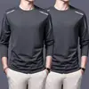 [230g] Camiseta masculina de manga longa, modelagem solta, gola redonda, adequada para primavera e outono, camada interna fina, camiseta básica versátil