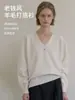 26 Suéter Básico de Lana Merino 100% Australiana para Otoño/Invierno, Cuello en V Profundo, Manga Larga, Holgado y Casual con Sensación Elástica