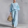 Nuevo Traje de Mujer de Comercio Exterior 2026 Moda Independiente Casual Ropa de Mujer Amazon Algodón-Lino Manga de Linterna Pantalones de Pierna Ancha Conjunto