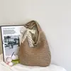 Bolsa de Ombro de Praia da Moda e Popular Bolsa Tote Tecida de Mão Cesta de Palha Lenço de Seda Laço Bolsa Feminina Bolsas
