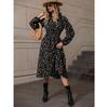 Vestido Longo de Gola V com Manga Longa e Bolinhas, Design e Desenvolvimento Próprios, Comércio Exterior Europeu e Americano, Pequeno para Amazon, Cintura Alta e Efeito Emagrecedor