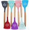 Set de Utensilios de Cocina de Silicona con Mango de Madera Espátula de Haya Cuchara Batería de Cocina Kit para Hornear Espátula Brocha para Aceite Batidor de Huevos