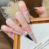 10 Peças de Unhas Portáteis Feitas à Mão para Mulheres, Unhas Manicure de Luxo Estilo Francês com Pedraria e Bolinhas Pretas, Unhas Postiças Clareadoras de Alta Qualidade