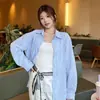 Jaqueta Camisa Polo Listrada Design Feminino Outono Proteção Solar Camisa Cardigan Casual Solto Top de Comprimento Médio