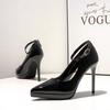 Zapatos de Tacón Super Alto Sexy de Celebridad de Charol Negro con Hebilla de una Línea, Plataforma Impermeable, Boca Escotada, Estilete Elegante para Trabajo