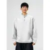Moletom preto desconstruído com gola henley de ombro reto para homens, camiseta de manga longa boxy de primavera, estilo americano, peso pesado, top slim