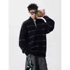 Cárdigan de punto, suéter moderno para hombre, patrón jacquard retro, corte holgado, diseño a rayas, cuello alto, cierre de cremallera frontal, estilo casual y relajado