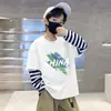 G2439# outono novo para meninas falso dois estilo estrangeiro infantil algodão manga longa camiseta primavera e outono gola redonda top moda