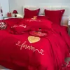 Juego de Ropa de Cama para Boda de Cuatro Piezas, Sábana y Funda de Edredón 100% Algodón Puro para Boda, Rojo Brillante, Para Recién Casados, 4 Dragones y Fénix Estilo Chino