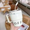 Taza de Café Simple Ins con Pajita Taza de Agua de Oficina Moderna con Asa Portátil Doble para Beber para Pareja Taza de Acero Inoxidable