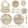 Alimento Complementario Infantil Transfronterizo Vajilla de Silicona Cordón Plato para Cenar Babero Bebé Tazón Complementario Ventosa Tenedor Cuchara Bebé Aprende a Comer