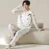 Algodão PuroPijama Masculino de Manga Longa com Gola Reversível, Conjunto de Pijama Listrado Outono para Jovens com Desenho Animado, Corte Amplo