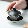 Yanyan Loto de Tinta Pintado a Mano Cerámica Tres Piezas Gaiwan Tazón Chino Zen para Preparar Té Taza de Té Gaiwan Hecho a Mano Juego de Té Kung Fu