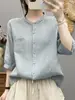 Verão Novo Estilo Manga Média Versátil Cardigã Liso Emagrecedor Algodão Linho Manga Meia Manga Camisa Top Feminino Gola Alta Design com Bolso