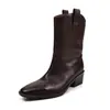 Botas Western de Cowboy de Couro Integral Outono/Inverno 2026 Salto Alto Grosso Bico Quadrado Couro Genuíno de Calçar com Corte em V Botas de Cano Médio para Mulheres