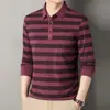 Camiseta de Manga Larga para Hombre Primavera y Otoño Nueva Casual Cuello de Solapa Hombres de Mediana Edad Raya Ancha Manga Larga Camisa Base Polo Hombre
