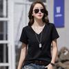 Dropshipping Nueva Camiseta de Verano de Manga Corta para Mujer Suelta Algodón Cuello V Talla Grande Color Puro Top Morado Suministro Transfronterizo