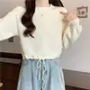 Suéter casual simples de cor sólida estilo coreano para mulheres baixinhas, moda outono e inverno, gola redonda, cordão, tricô pulôver solto, moderno