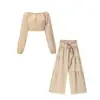 2026 Novo Conjunto Casual Europeu Feminino de Calça Wide-leg Cintura Alta Cor Sólida Micro Flare Amarração Calça Fluida Manga Longa