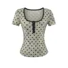 Pure Desire Garota Sexy Gola Quadrada Botão Poá Malha Manga Curta Camiseta Verão Nova Fashionável Versátil Camisa Base Curta
