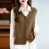 Chal de punto sin mangas de color liso con cuello en V informal transfronterizo para mujer, holgado, con botones, para otoño e invierno 2025, lana pura