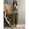 Traje de Algodón y Lino para Mujer, Nuevo Estilo Verano 2026, Top Estampado Patchwork Falso Dos Piezas, Pantalones Harem, Conjunto de Dos Piezas Adelgazante