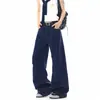 Jeans azul plissado estilo retro americano para outono masculino, design moderno e solto da moda de rua, calça casual de perna larga de nicho