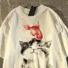 Camiseta de manga corta con estampado de gato y pez dorado de seda de leche, cuello redondo, ajuste holgado de verano, top casual versátil para estudiante