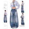 Jeans Retrô Americano Wide-Leg Scimitar Plus Size para Mulheres, Design de Outono, Lavado, Caimento Solto, Calças Banana Fluídas para Figuras Curvilíneas