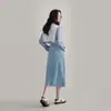 Saia Midi Jeans de Cintura Alta Estilo Francês High-End 2025 Saia com Fenda Vintage Desgastada Emagrecedora Longa Tendência Moda Feminina