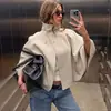 Capa de Murciélago Casual Abrigo de Lana para Mujer, Retro Francés Cuello Alto, Corte Holgado con Efecto de Caída, Capa Corta para Atar