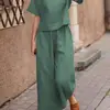 2023 transfronteiriço Amazon AliExpress roupas femininas europeias e americanas novo linho casual folgado cor sólida conjunto de duas peças