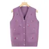 Colete de Tricô Estilo Outono/Primavera para Mães, Mulheres de Meia-idade e Idosas, Colete sem Mangas com Bordado, Top Cardigan, Roupa de Inverno para Avós