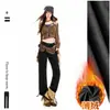 Jeans rectos transfronterizos para mujer, estilo retro americano, corte ajustado, forrados de felpa, negros, largo recortado, pantalones largos negros, largo extendido negro, Yichun