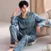 Pijama de Seda Helada para Hombre Primavera y Otoño Traje de Manga Larga Color Sólido Simple Casual Seda Delgado Holgado talla extra Ropa para el Hogar