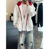 Chaqueta con capucha de bloques de color para hombre, imitación de dos piezas, cárdigan con cremallera de retazos de doble capa para otoño e invierno, ajuste holgado, hombros caídos, top casual