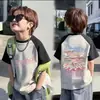 Camiseta Infantil 100% Algodão Puro Meninos e Meninas Color Block Gola Redonda Manga Curta Verão Novo Estilo Infantil Bebê Estampada Cartoon Tendência