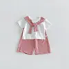 Conjunto de 2 Peças para Bebê e Criança Pequena Verão 2026 Novo Estilo Xale para Menina Camiseta de Manga Curta Calça de Perna Larga Listrada Conjunto para Meninas