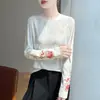 Nuevo top de punto de manga larga con cuello redondo bordado estilo chino para mujer, moderno y adelgazante, camiseta jacquard de alta gama francesa, prenda interior