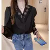 Camisa com Base de Renda Feminina Nova Coleção Primavera e Outono Design Moderno Roupa Íntima Elegante e Criativa Blusa Camisa de Chiffon com Patchwork